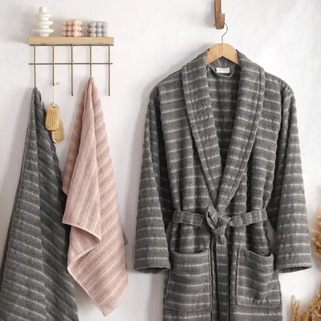 Rena %100 Pamuklu Aile Bornoz Seti / Antrasit - Pudra - Zebra Casa (1)