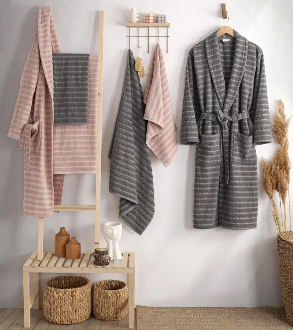 Rena %100 Pamuklu Aile Bornoz Seti / Antrasit - Pudra