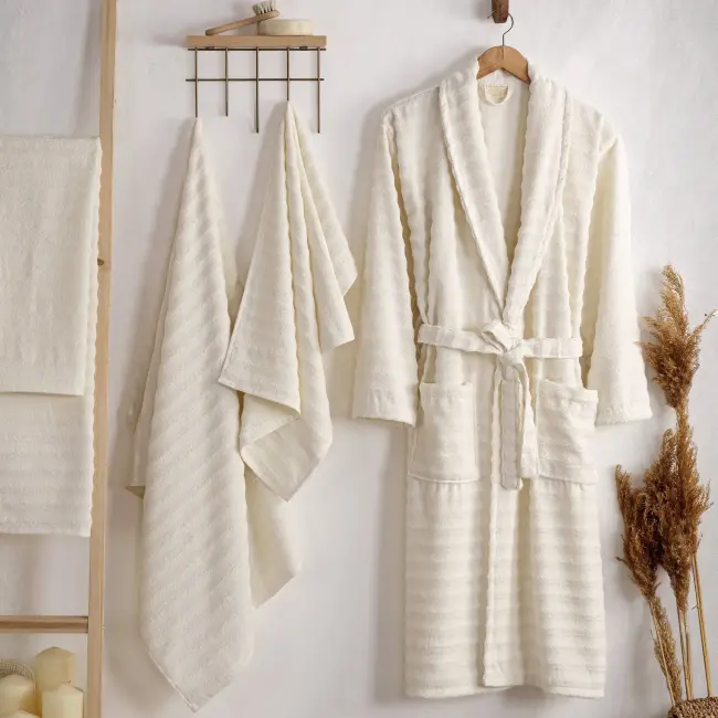 Rena %100 Pamuklu Aile Bornoz Seti / Krem - Krem - Zebra Casa (1)