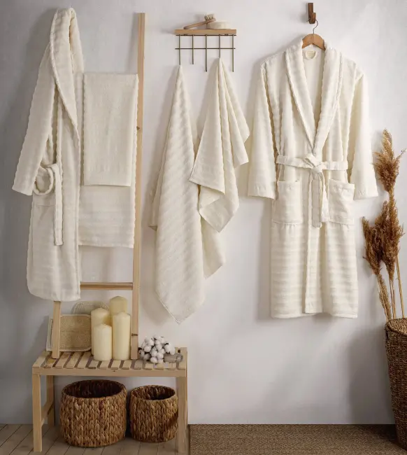 Rena %100 Pamuklu Aile Bornoz Seti / Krem - Krem