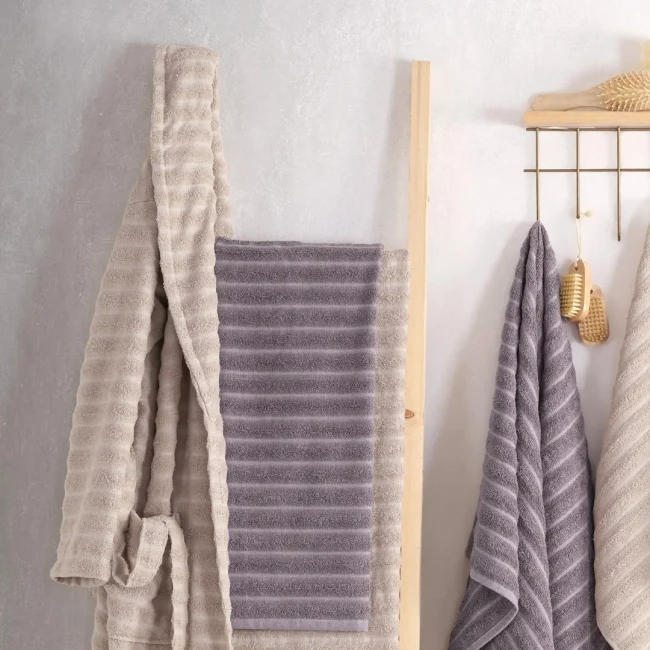 Rena %100 Pamuklu Aile Bornoz Seti / Mürdüm - Taş - 5