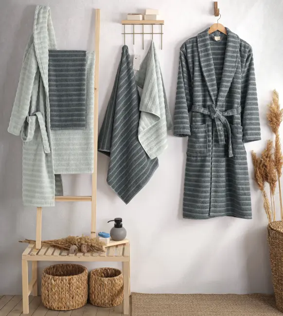 Rena %100 Pamuklu Aile Bornoz Seti / Petrol - Mint