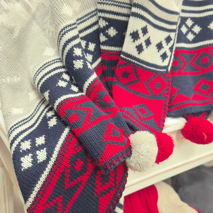 Snow Set Triko Şal & 45x45 Kırlent / Kırmızı - Lacivert - 1