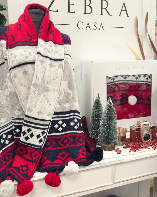 Snow Set Triko Şal & 45x45 Kırlent / Kırmızı - Lacivert - Zebra Casa (1)