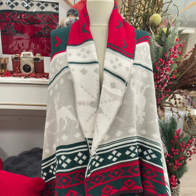 Snow Set Triko Şal & 45x45 Kırlent / Kırmızı - Yeşil - Zebra Casa (1)