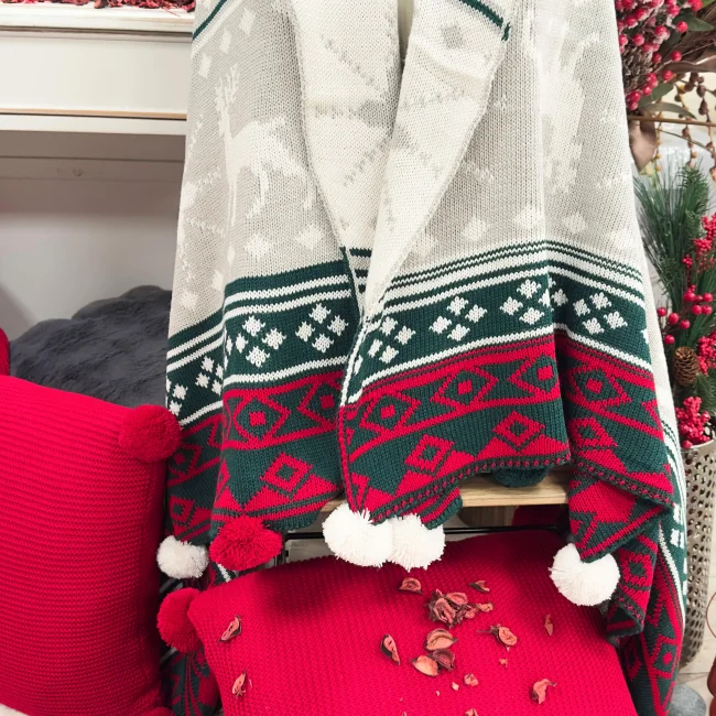 Snow Set Triko Şal & 45x45 Kırlent / Kırmızı - Yeşil - 3