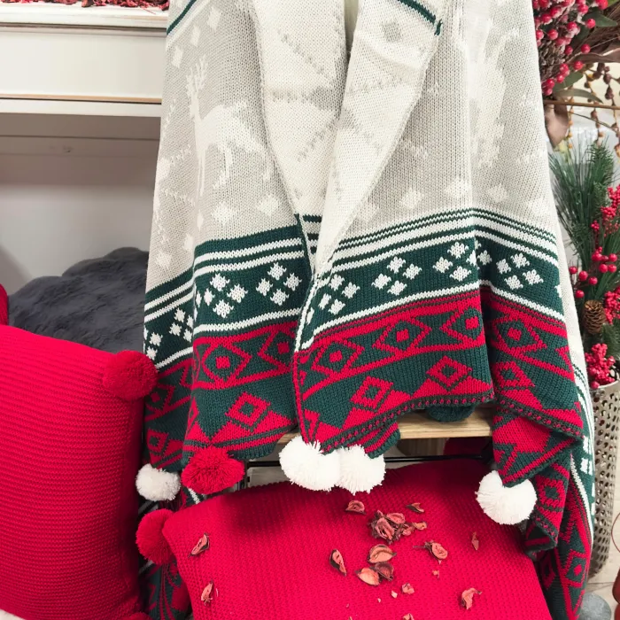 Snow Set Triko Şal & 45x45 Kırlent / Kırmızı - Yeşil - 3