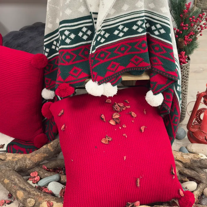 Snow Set Triko Şal & 45x45 Kırlent / Kırmızı - Yeşil - 1