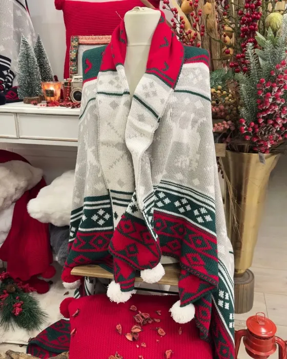 Snow Set Triko Şal & 45x45 Kırlent / Kırmızı - Yeşil - 1