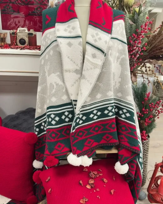 Snow Set Triko Şal & 45x45 Kırlent / Kırmızı - Yeşil - Zebra Casa (1)