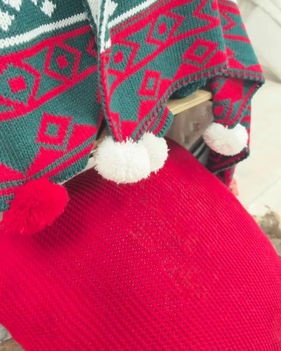 Snow Set Triko Şal & 45x45 Kırlent / Kırmızı - Yeşil - 5