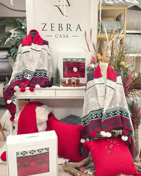 Snow Set Triko Şal & 45x45 Kırlent / Kırmızı - Yeşil - 6