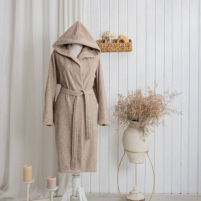 Zeni %100 Pamuk Unisex Kapüşonlu Bornoz S-M / Bej 