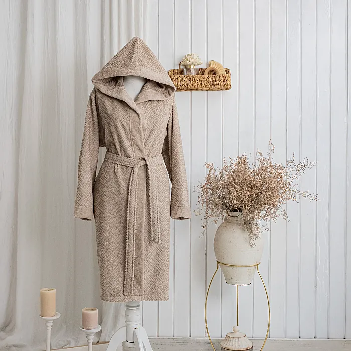 Zeni %100 Pamuk Unisex Kapüşonlu Bornoz S-M / Bej - 1