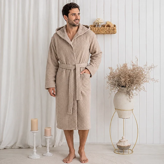 Zeni %100 Pamuk Unisex Kapüşonlu Bornoz S-M / Bej - 3