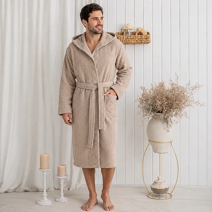 Zeni %100 Pamuk Unisex Kapüşonlu Bornoz S-M / Bej - 3