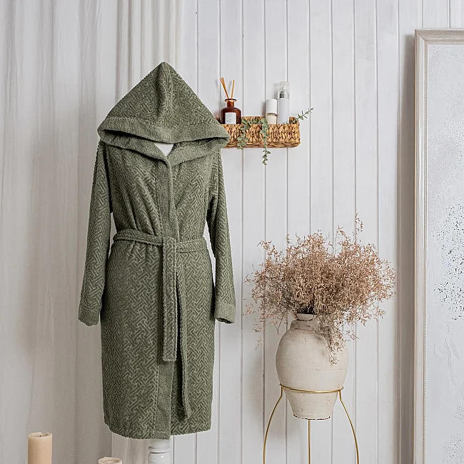 Zeni %100 Pamuk Unisex Kapüşonlu Bornoz S-M / Haki 