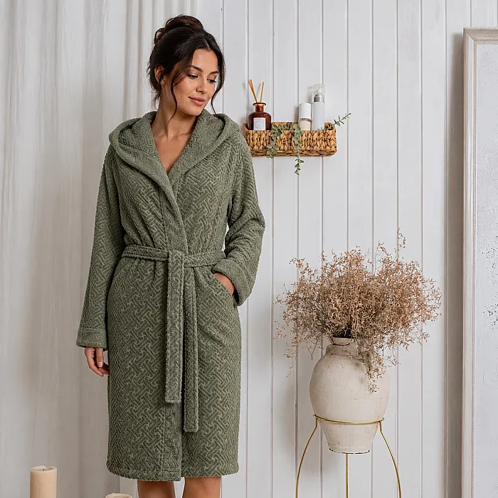 Zeni %100 Pamuk Unisex Kapüşonlu Bornoz S-M / Haki - 3