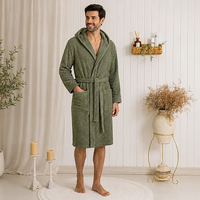 Zeni %100 Pamuk Unisex Kapüşonlu Bornoz S-M / Haki - 4