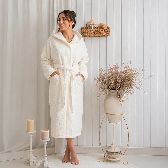 Zeni %100 Pamuk Unisex Kapüşonlu Bornoz S-M / Krem - 2