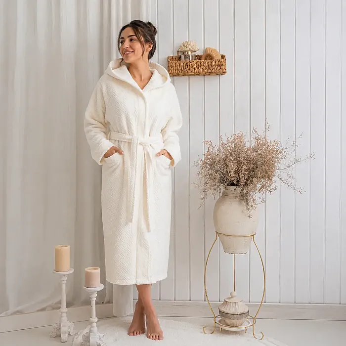 Zeni %100 Pamuk Unisex Kapüşonlu Bornoz S-M / Krem - 2