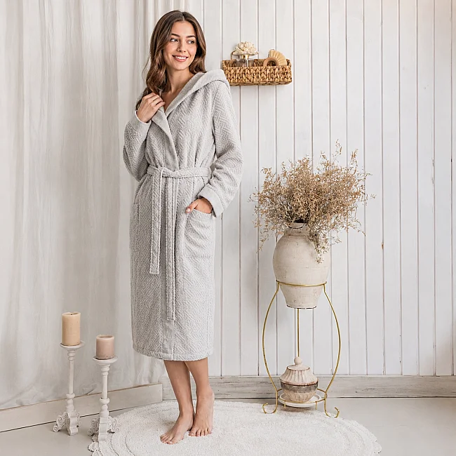 Zeni %100 Pamuk Unisex Kapüşonlu Bornoz S-M / Gri - 2