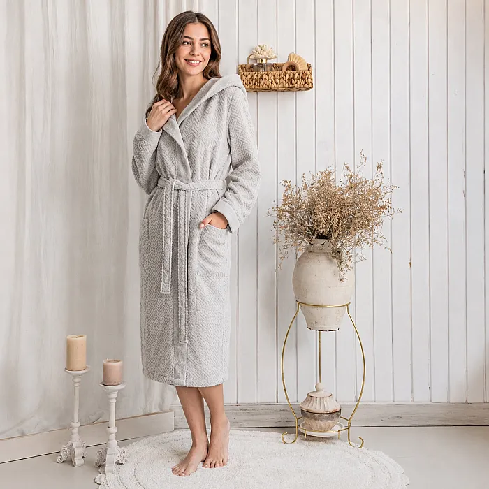 Zeni %100 Pamuk Unisex Kapüşonlu Bornoz S-M / Gri - 2