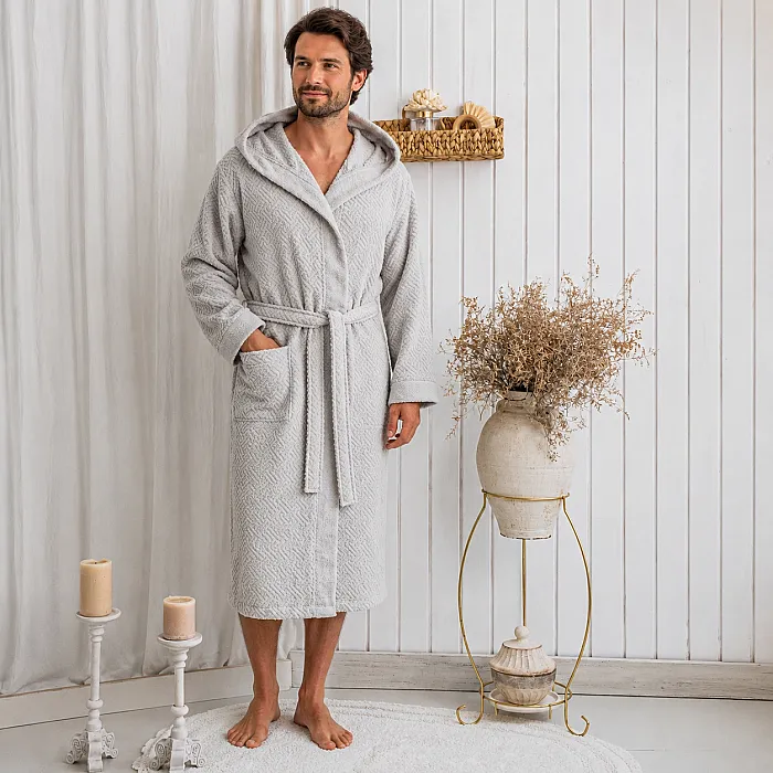 Zeni %100 Pamuk Unisex Kapüşonlu Bornoz S-M / Gri - 3